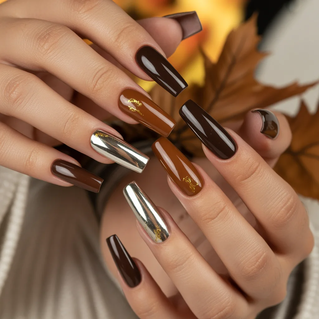 Brown Chrome Accent Nails