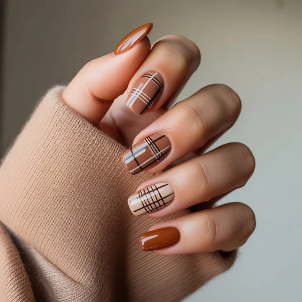 Brown Plaid Accent Nails