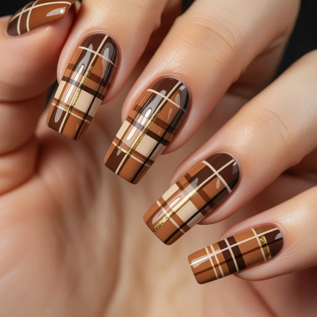 Brown Sugar Plaid Nails