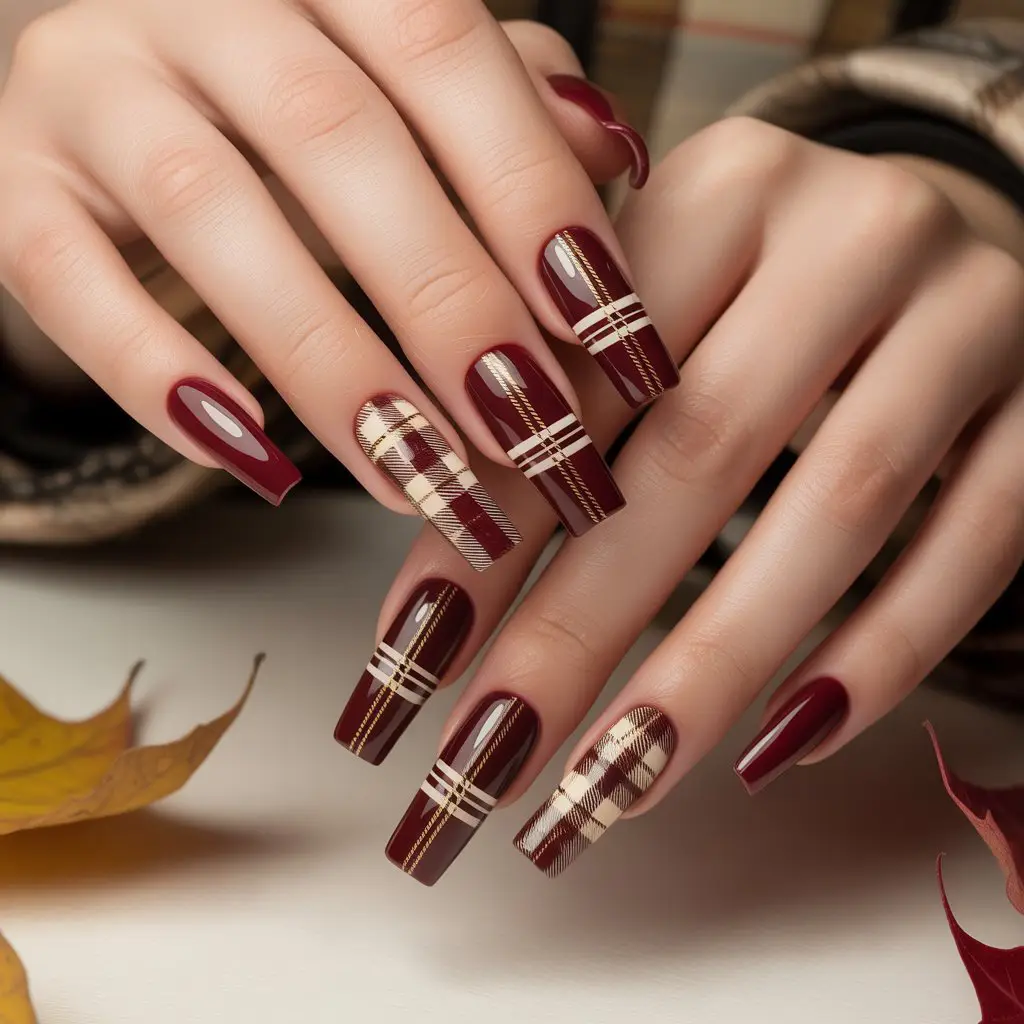 Burgundy Wrapped Plaid Nails