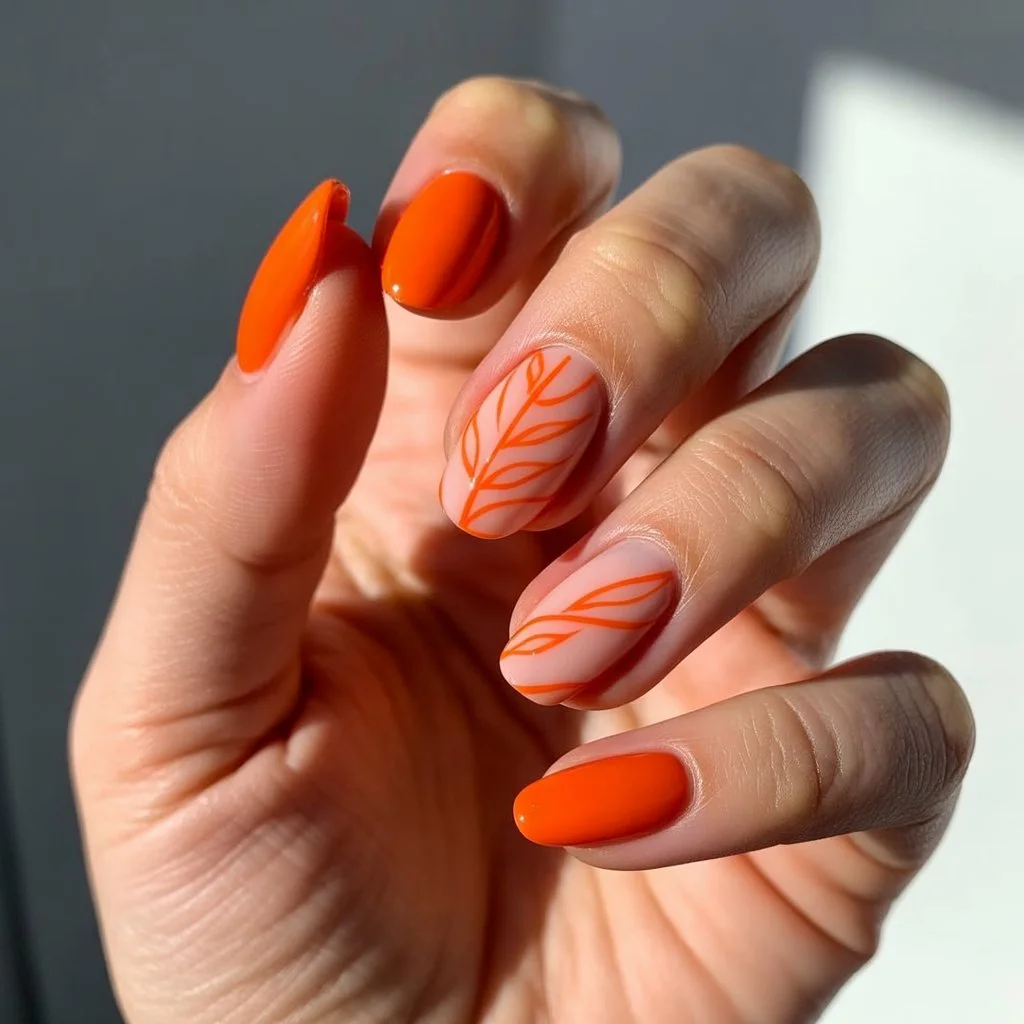 Burnt Orange Leaf Lines Nail