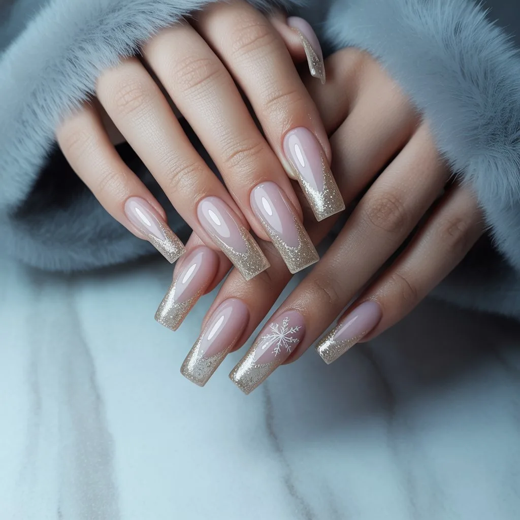 Champagne Glow Winter French Nails