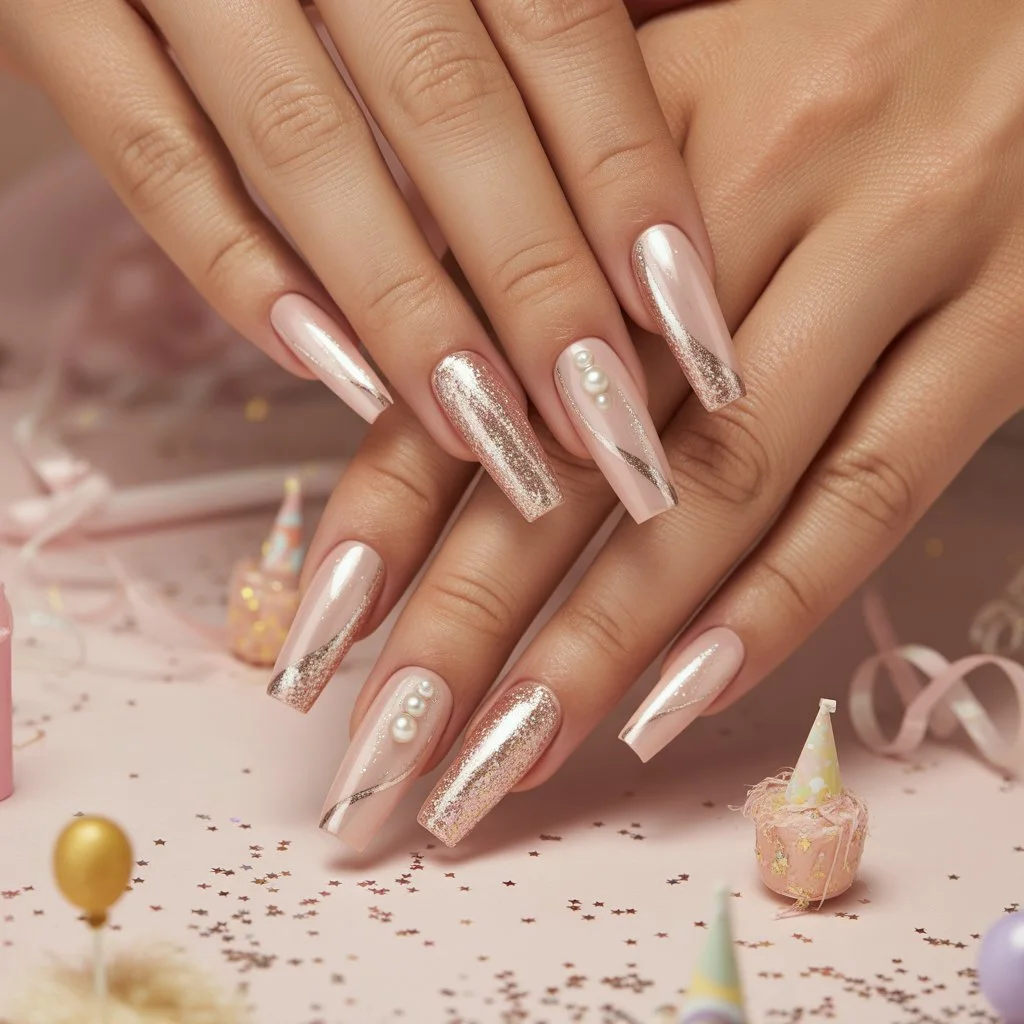Champagne Pink Birthday Shimmer Nails