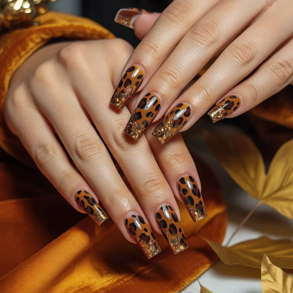 Cheetah Glitter Fade Nails