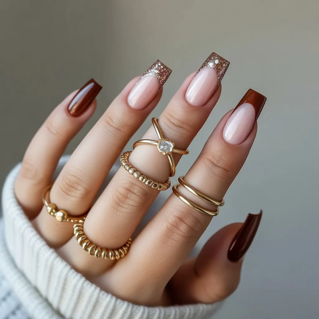 Chestnut Brown Glitter Tips Nail