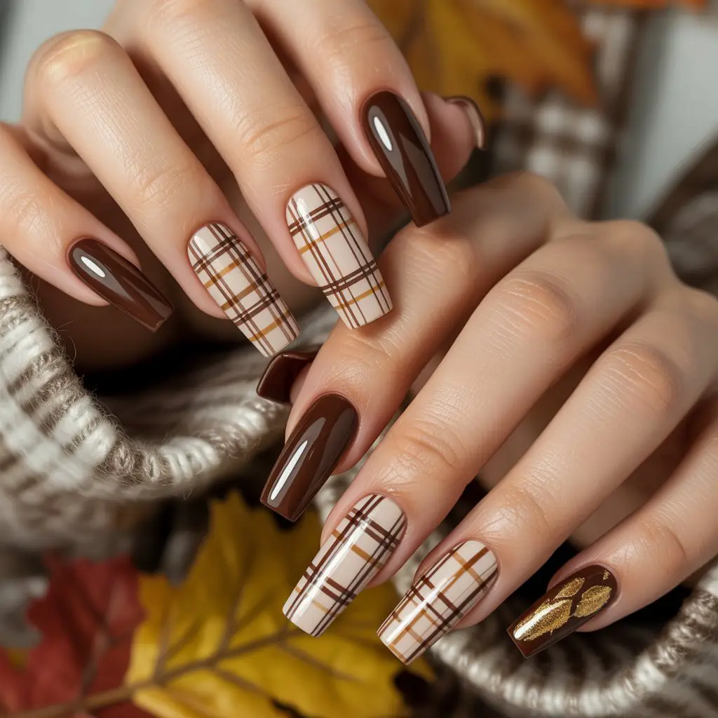 Chocolate Brown Cozy Plaid Nails