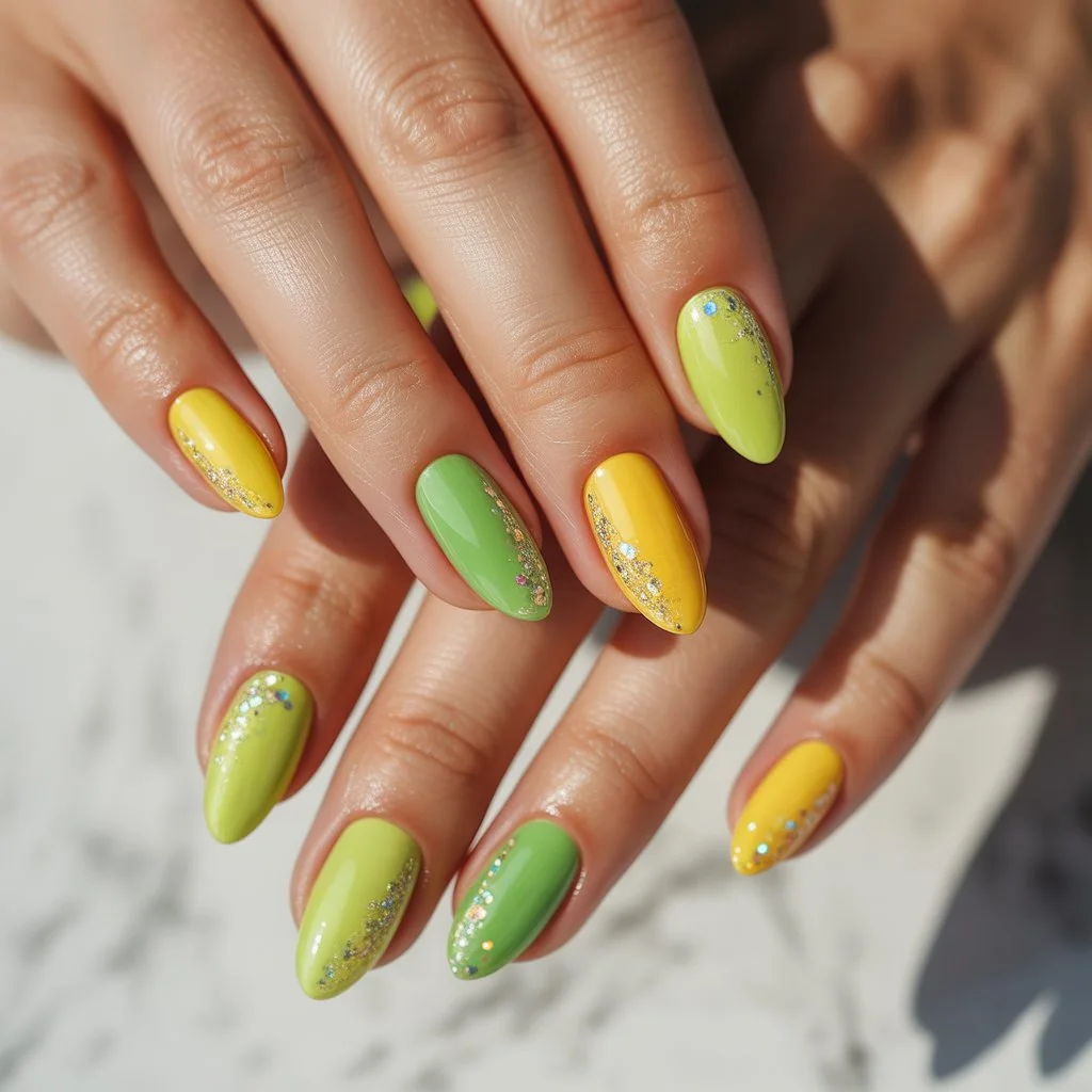 Citrus-Lime Almond Sparkle Nails