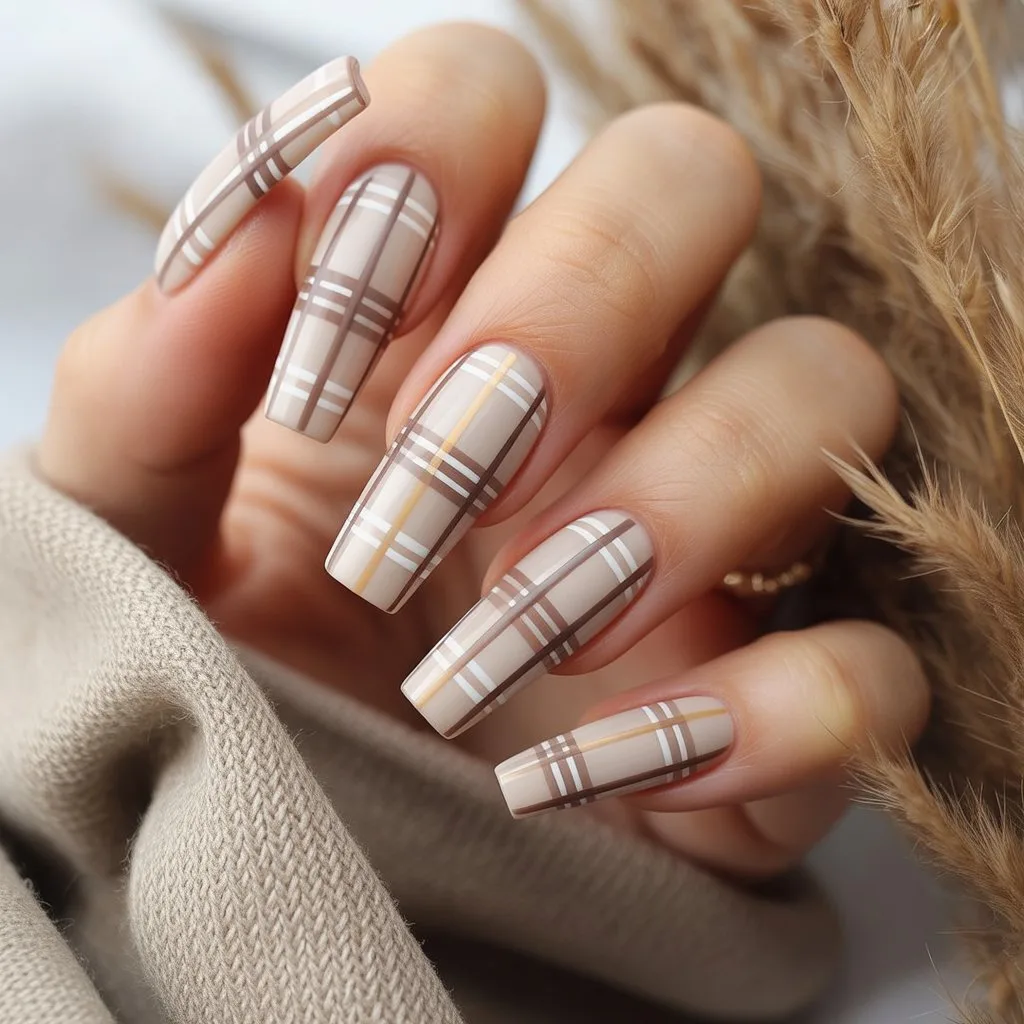 Classic Beige Flannel Plaid Nails