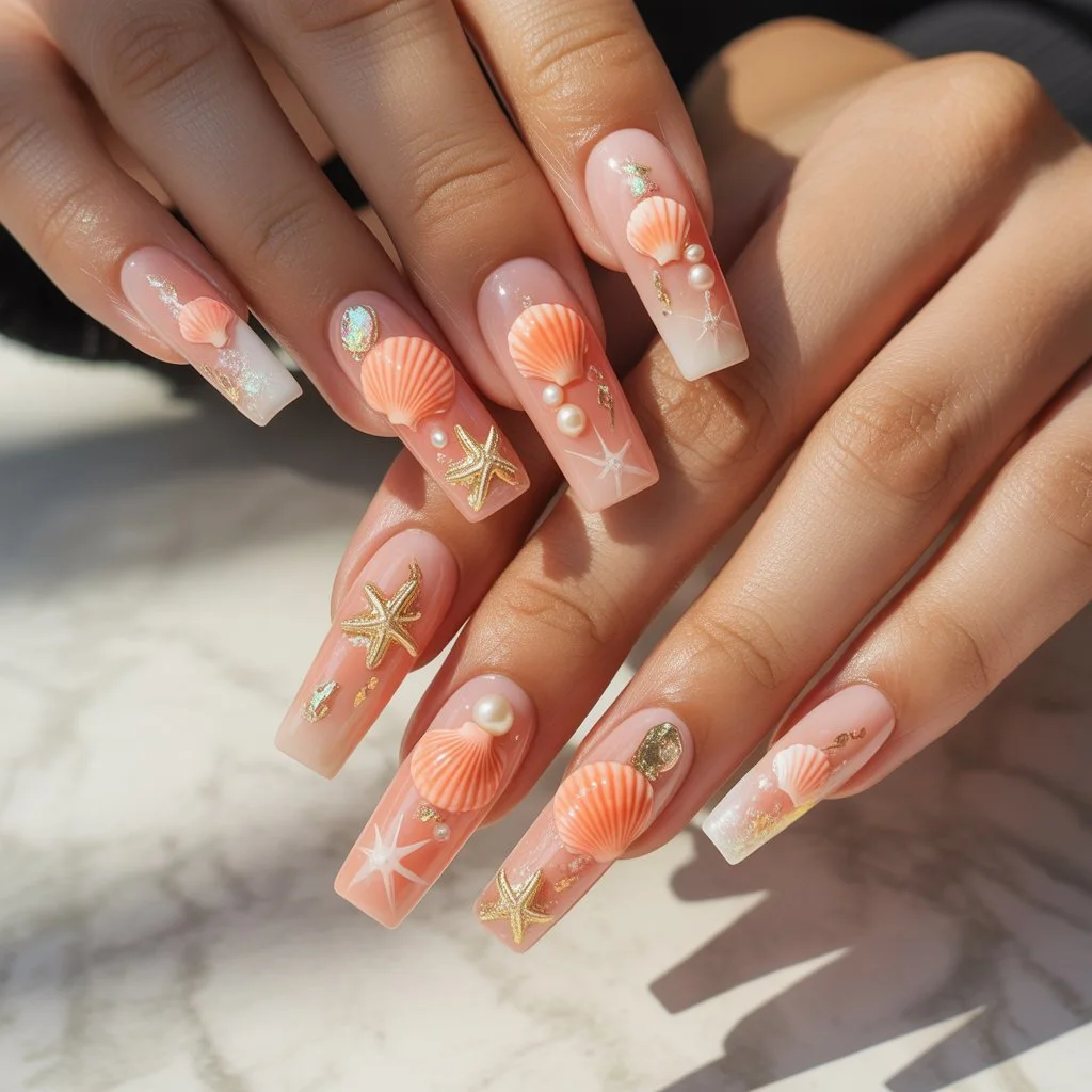 Coral Blush Shell Nails