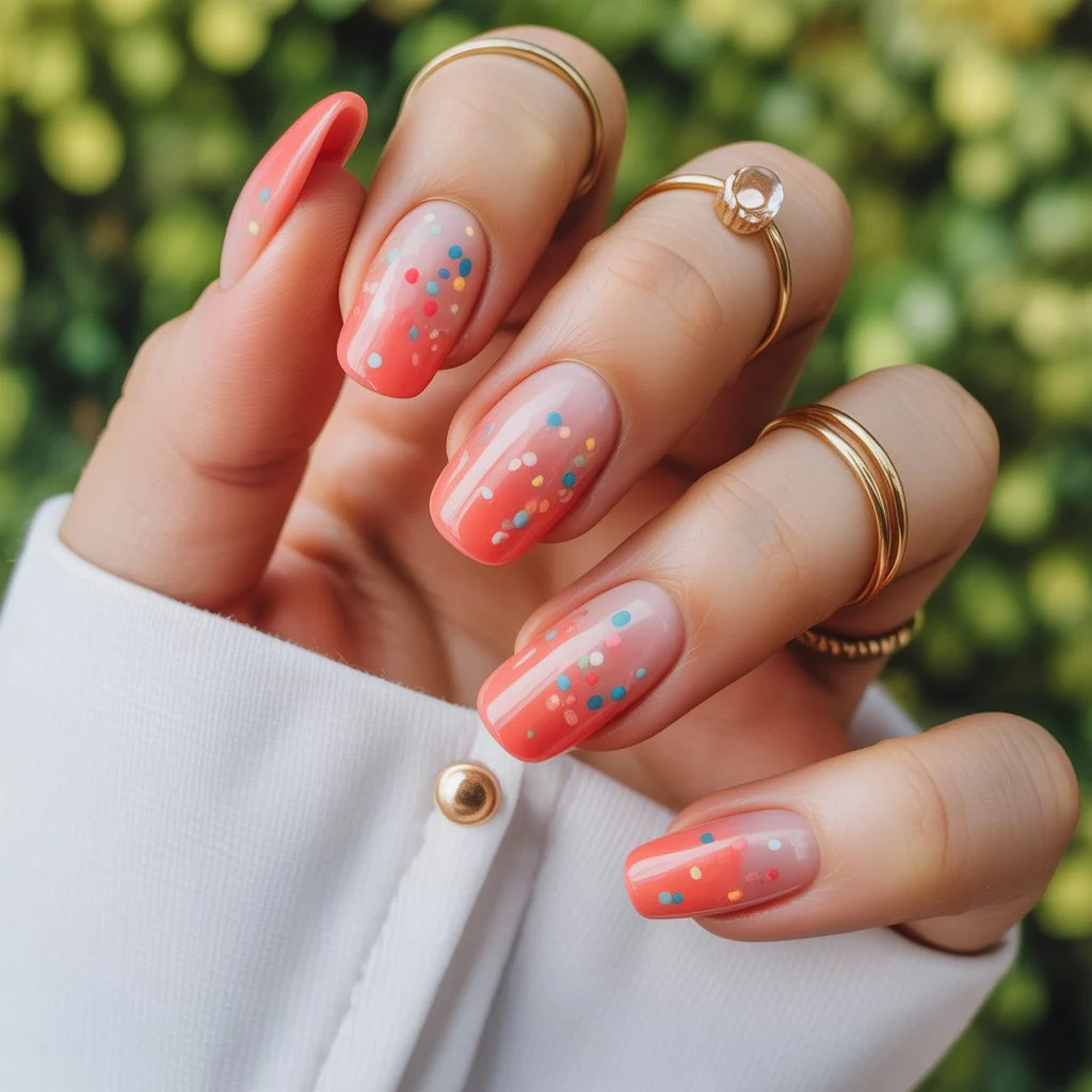 Coral Confetti Ombre Nails 