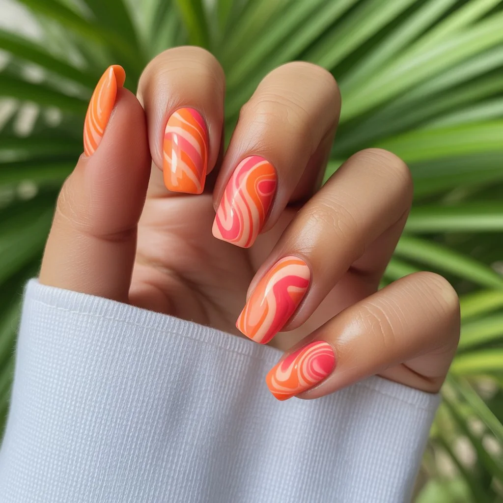Coral Orange Water Swirl Nails