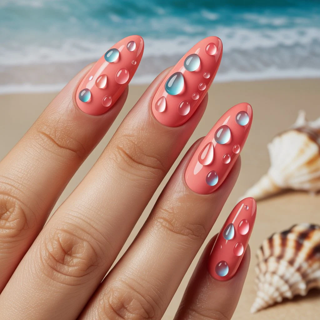 Coral Pink Water Drops Nail