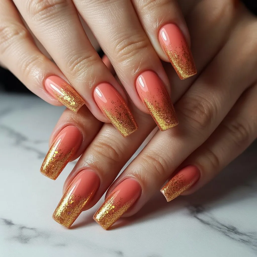 Coral-to-Gold Shimmer Fade Nails