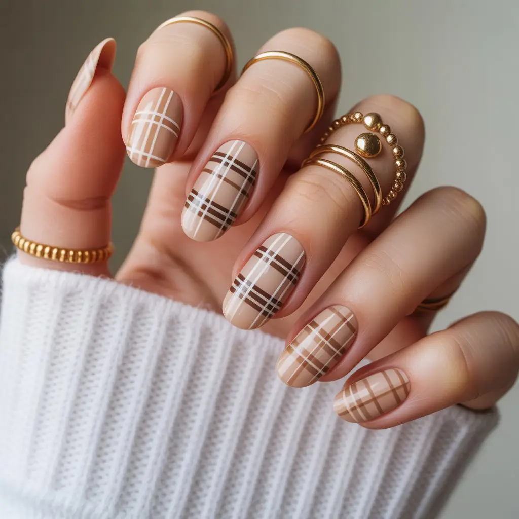 Creamy Latte Plaid Nails