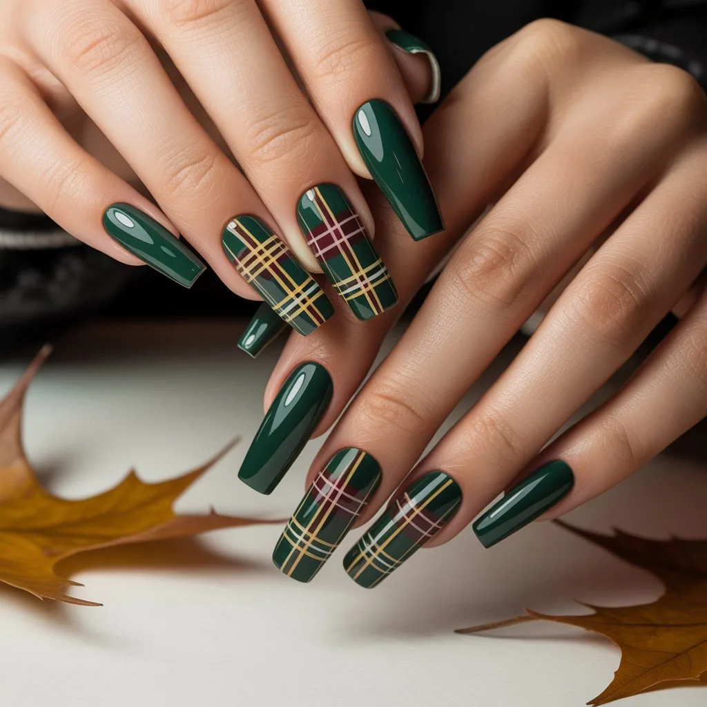 Deep Forest Green Plaid Nails