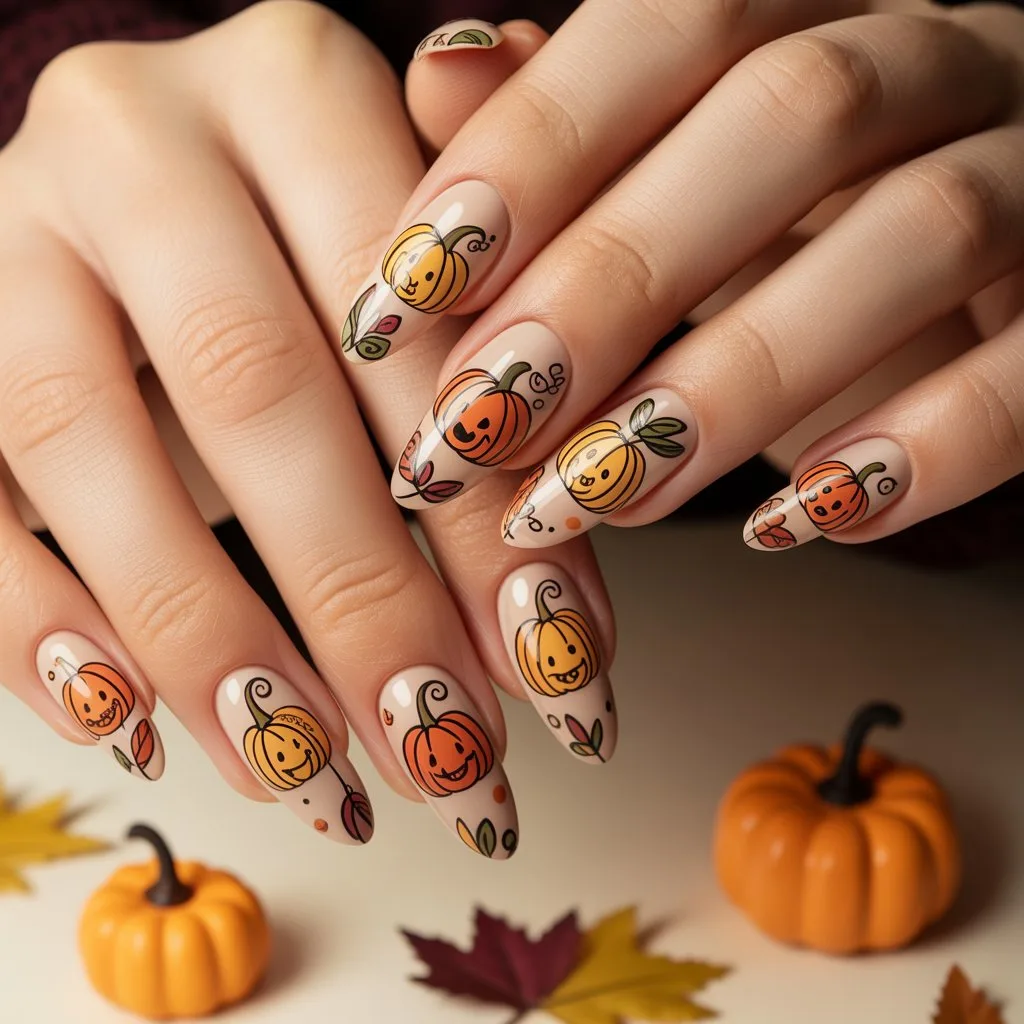 Doodle Pumpkin Nails