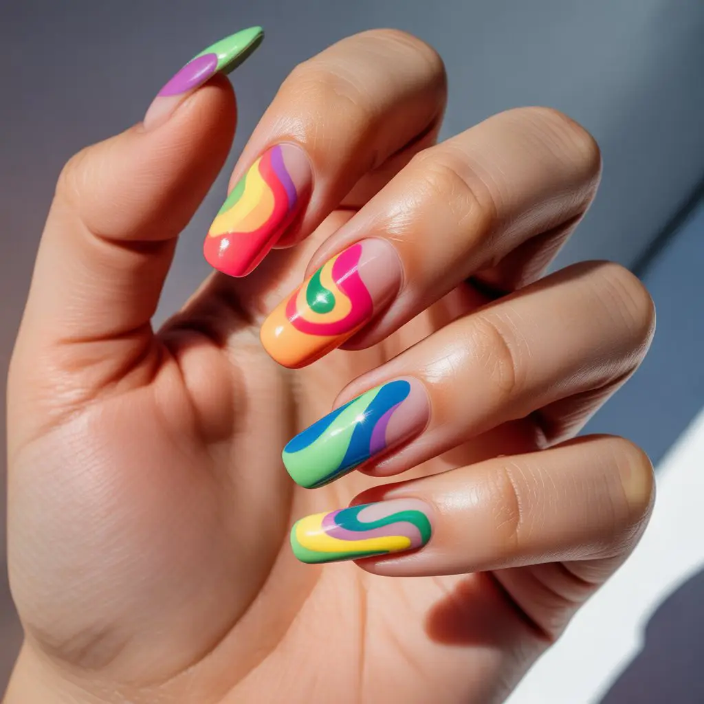Electric Rainbow Wave Nails