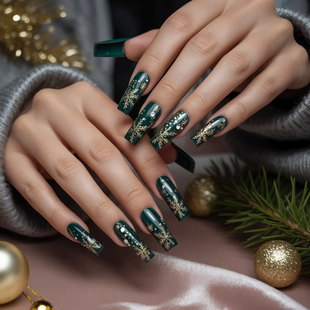 Emerald Gold Snowflake Nails
