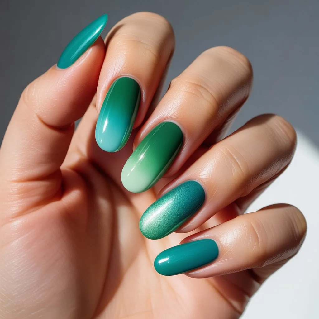 Emerald-to-Teal Ombre Glow Nails