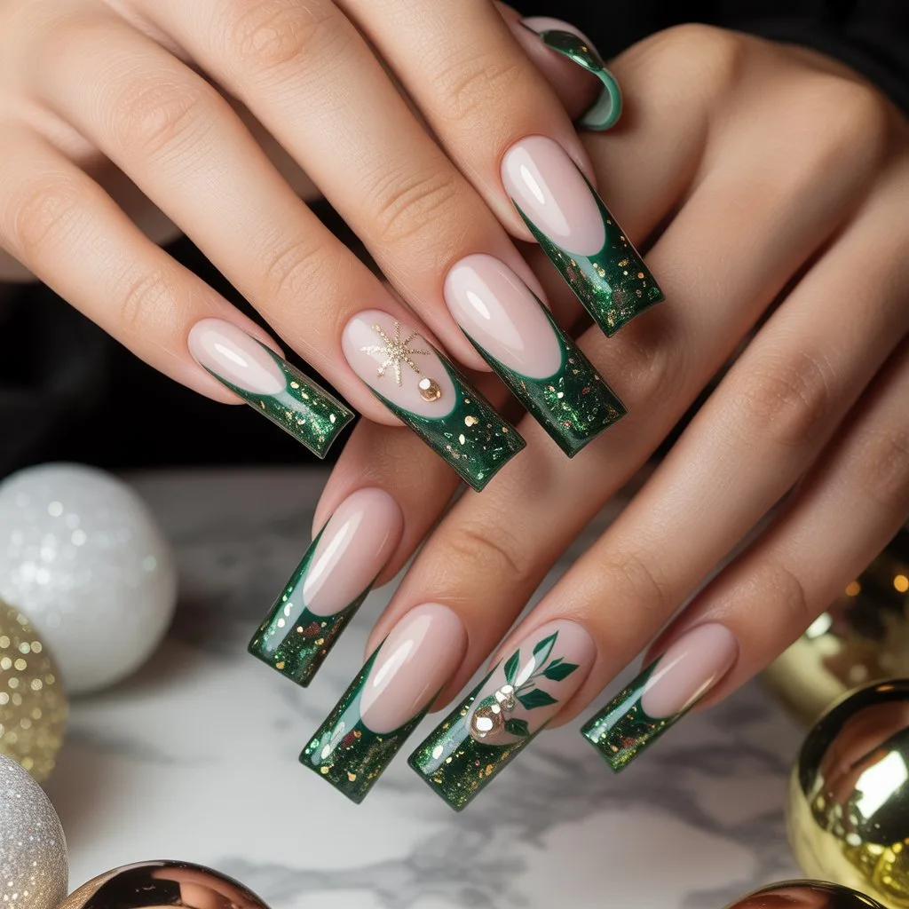 Evergreen Glitter French Tips Nail