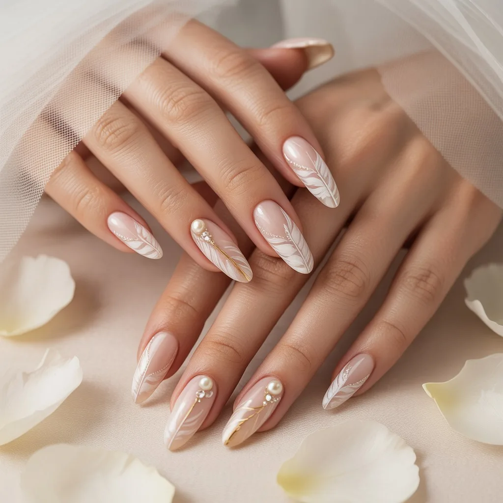 Feathered Acrylic Bride Nails