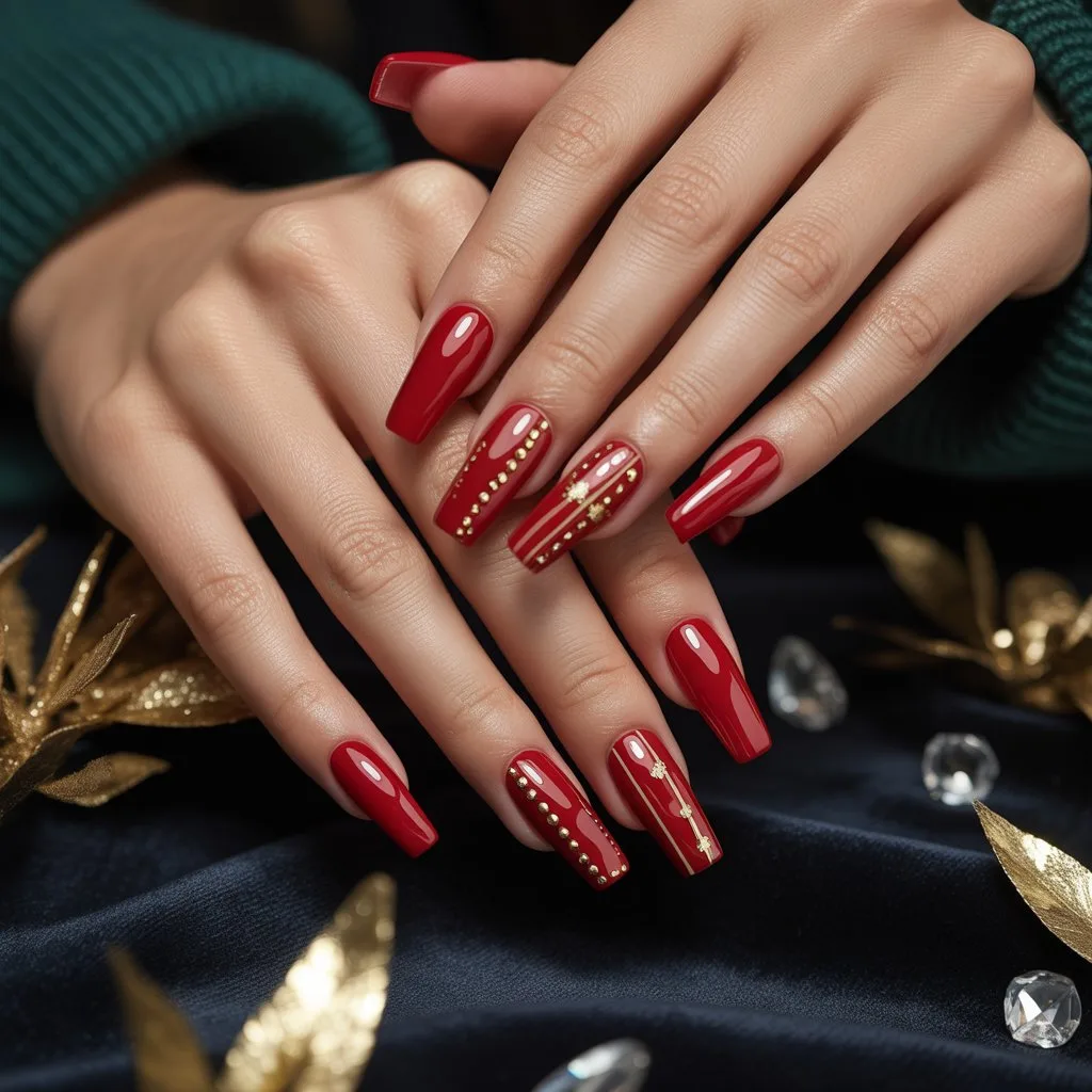 Fine Gold Dot Red Nails
