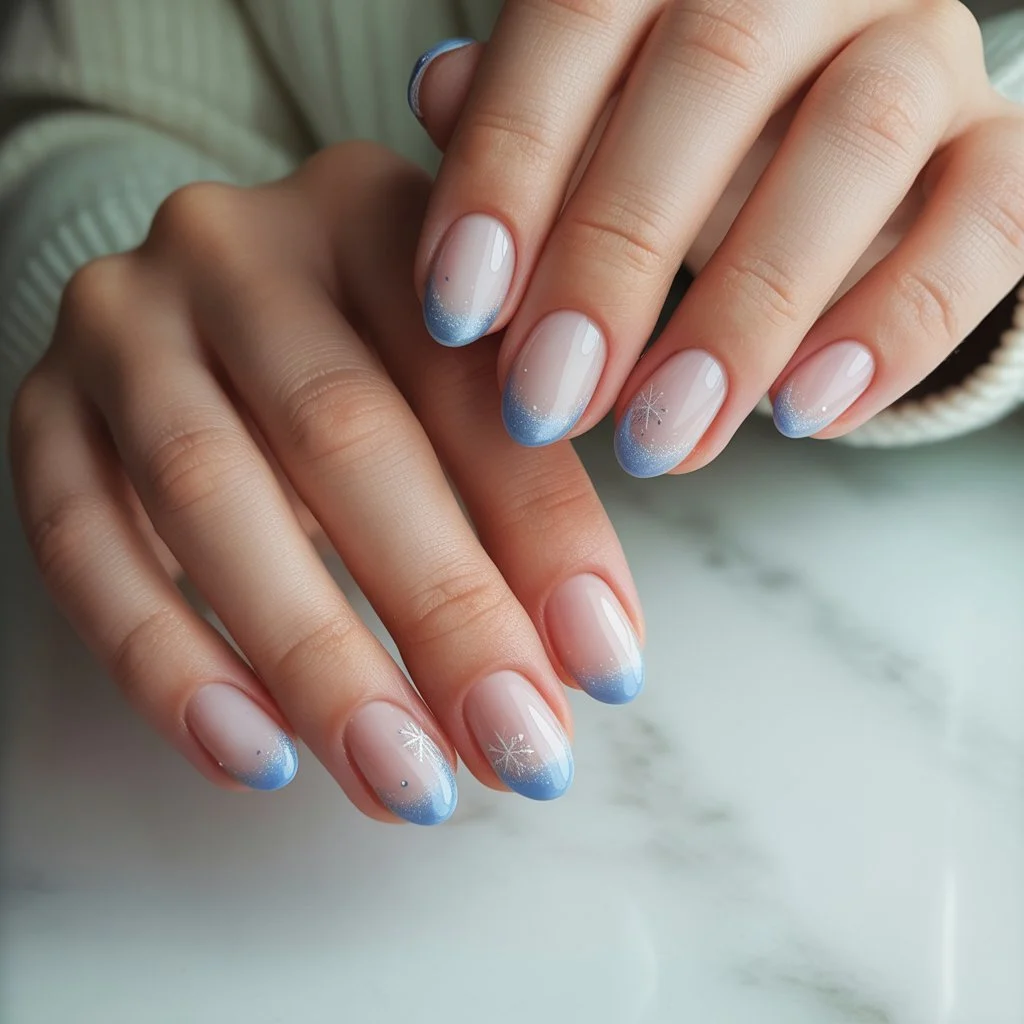 Frost-Blue Gradient Tip Nails
