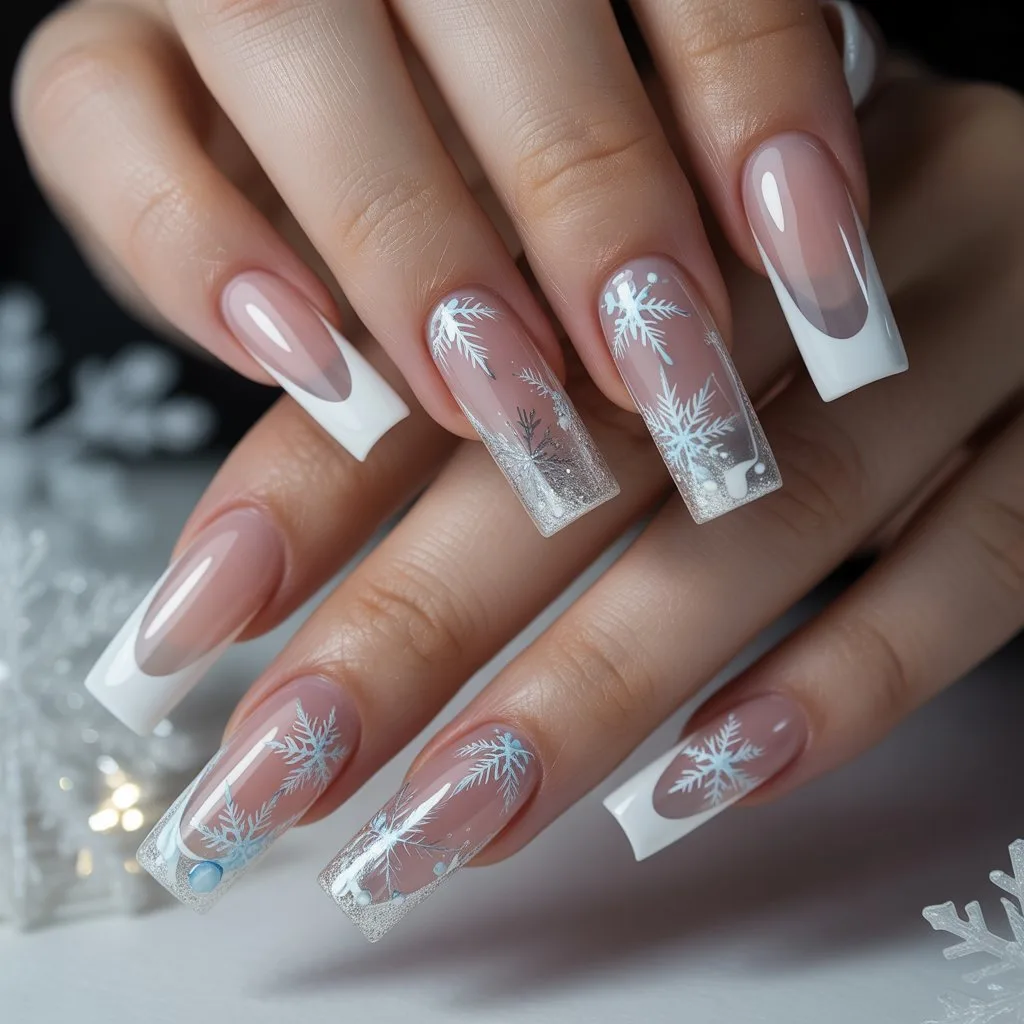 Frost-Outlined Snowflake French Nails