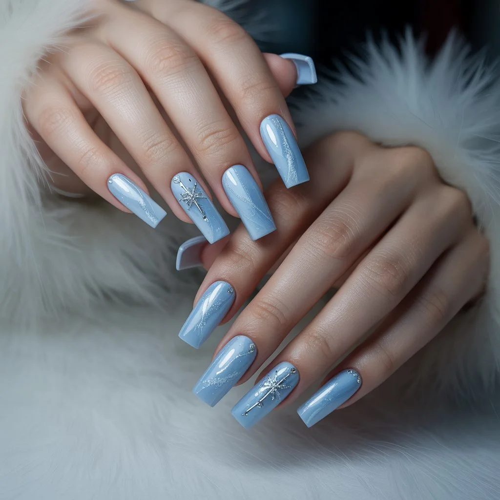 Frosted Ice Blue Square Nails