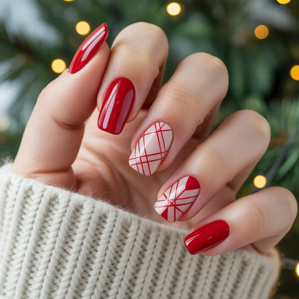 Geometric Red Christmas Nails