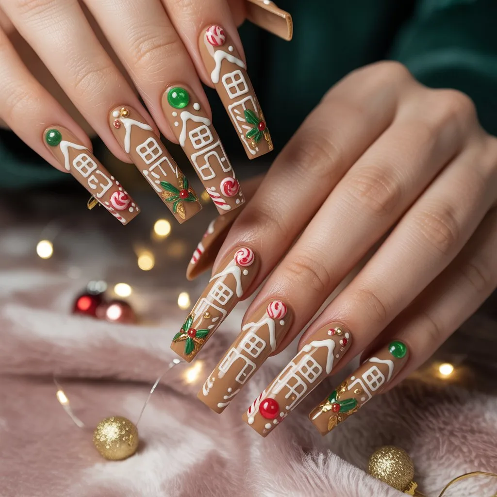 Gingerbread House Acrylic Nails