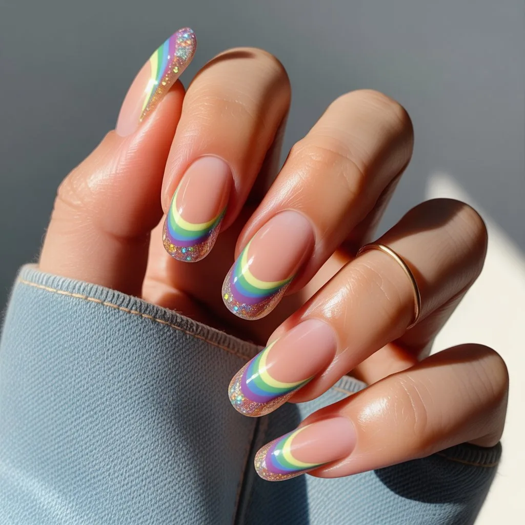 Glitter-Edge Rainbow French Nails