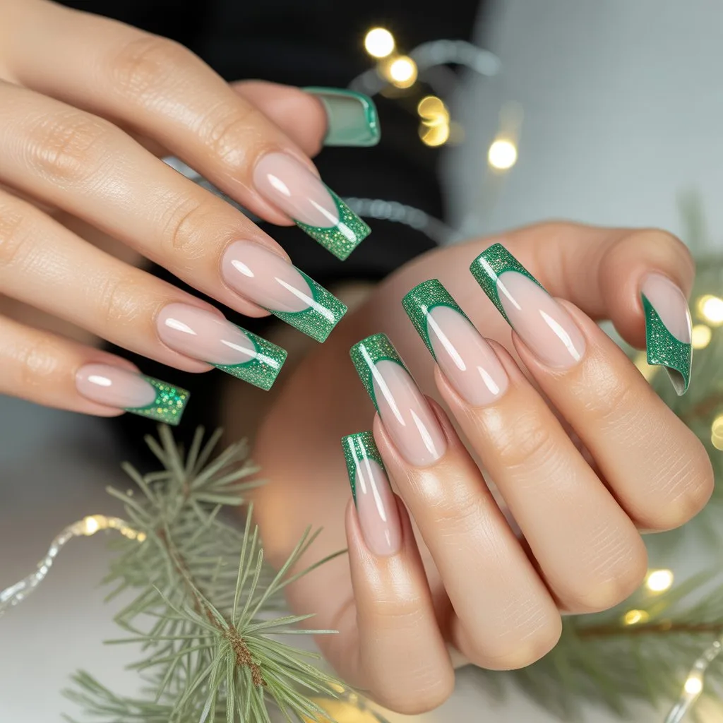 Glitter Green French Tips Nail