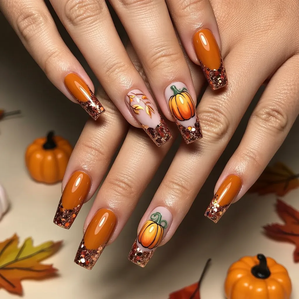 Glitter-Tipped Pumpkin Nails