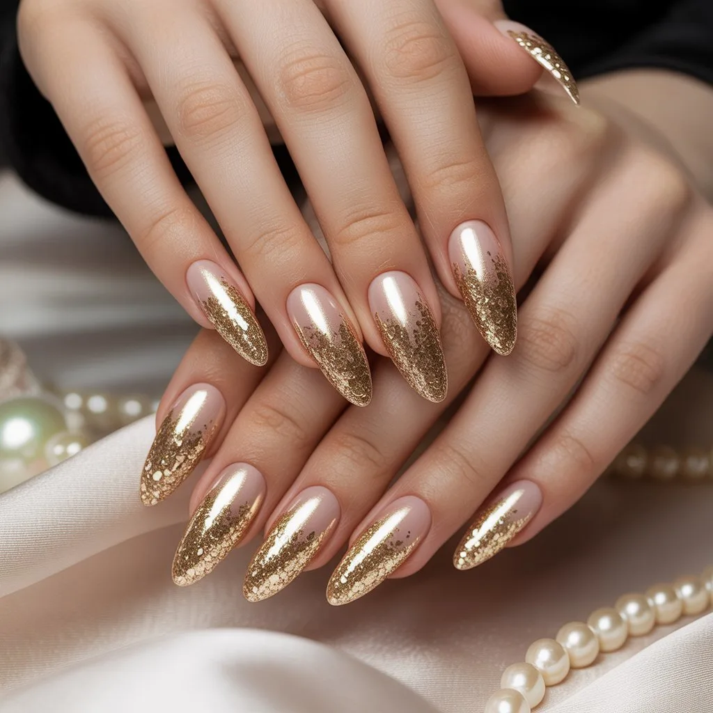 Glittered Gold Bridal Fade Nails