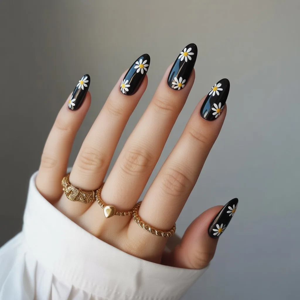 Glossy Black Daisy Nails