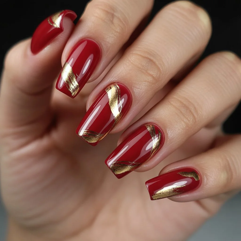 Glossy Red With Gold Foil Nail