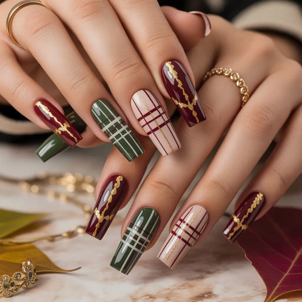 Gold Accented Plaid Nails