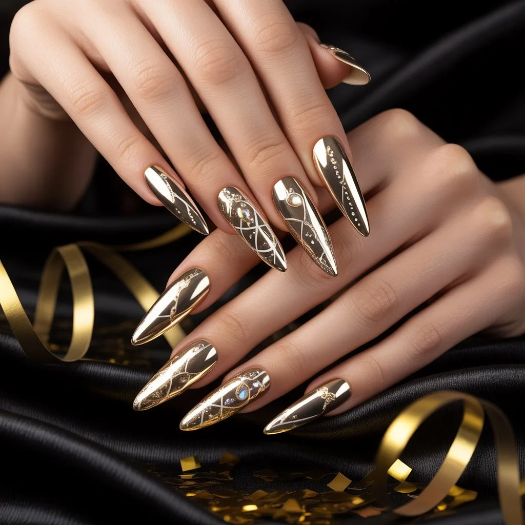 Gold Celebration Chrome Nails
