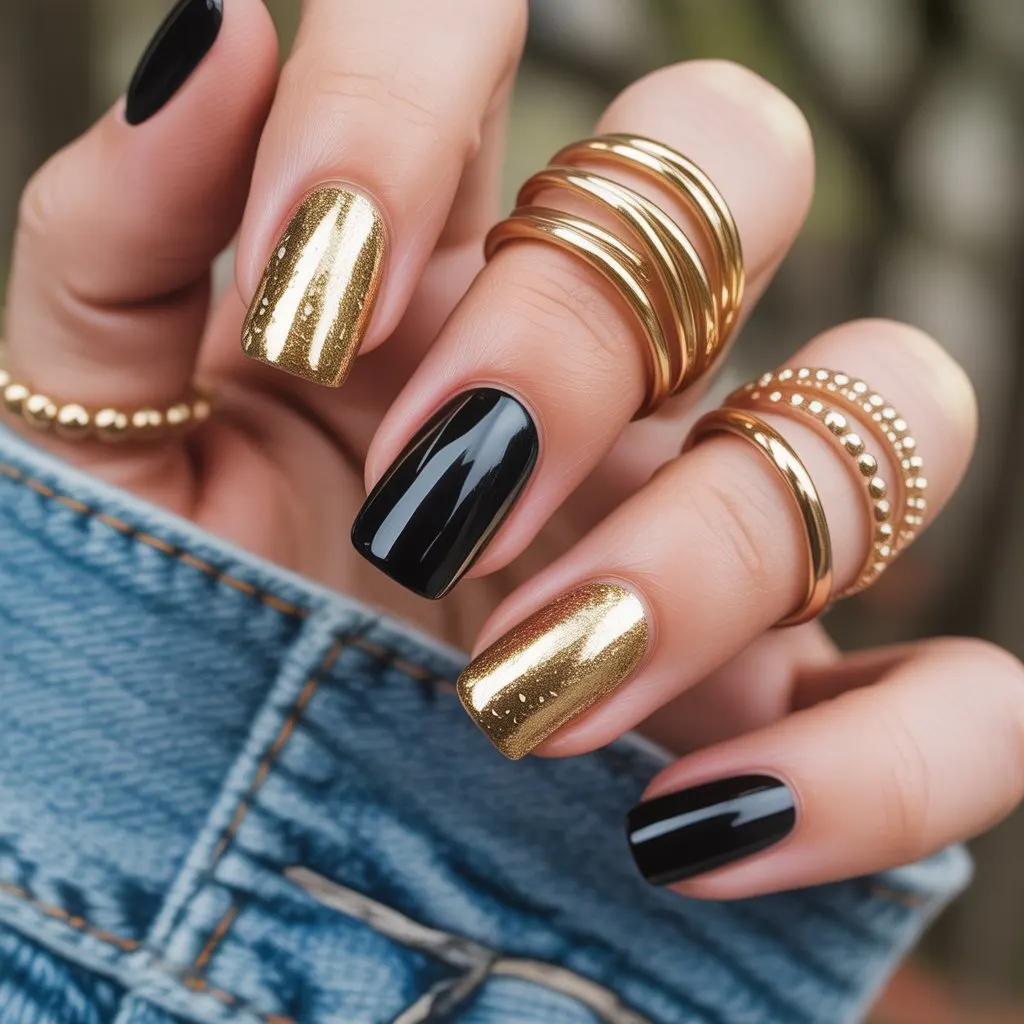 Gold-Fleck Black Fall Nails