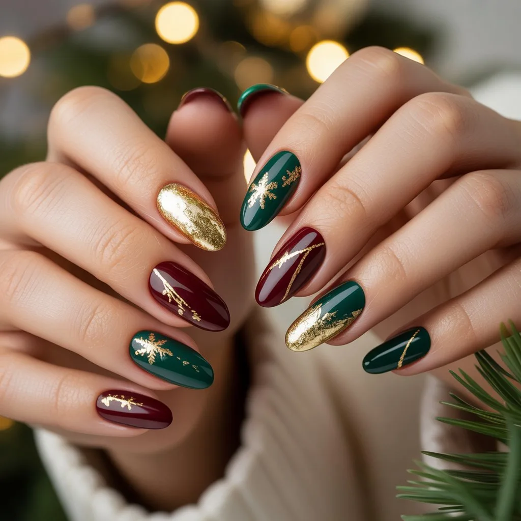 Gold Foil Accent Christmas Nails