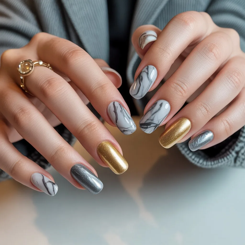 Gold Foil Marble Gel Nails