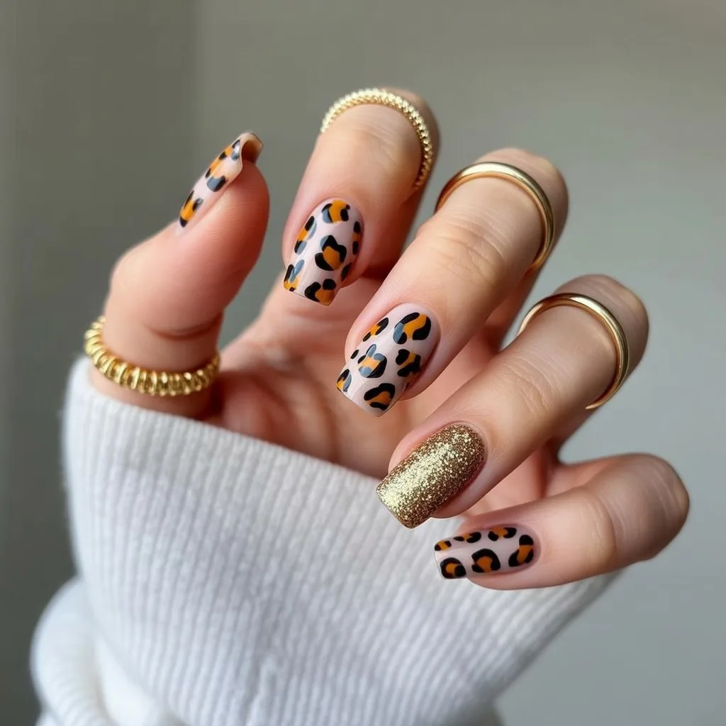Gold Glitter Cheetah Nails