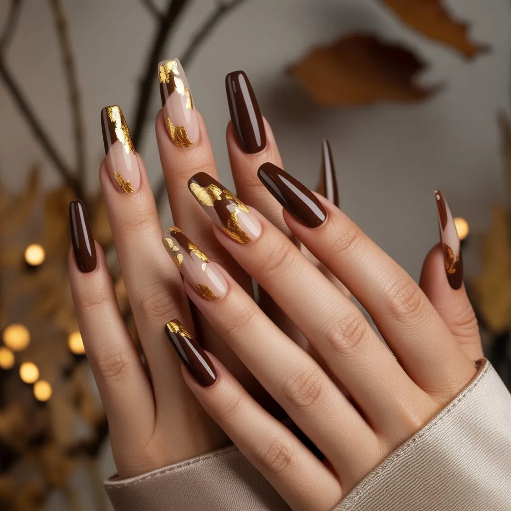 Gold Leaf Brown Nails
