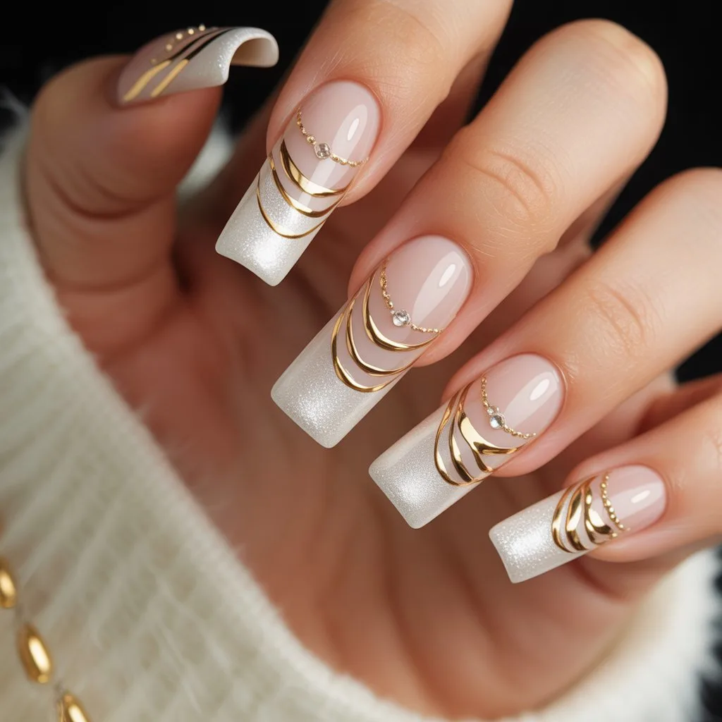 Gold Ribbon French Lines Nails