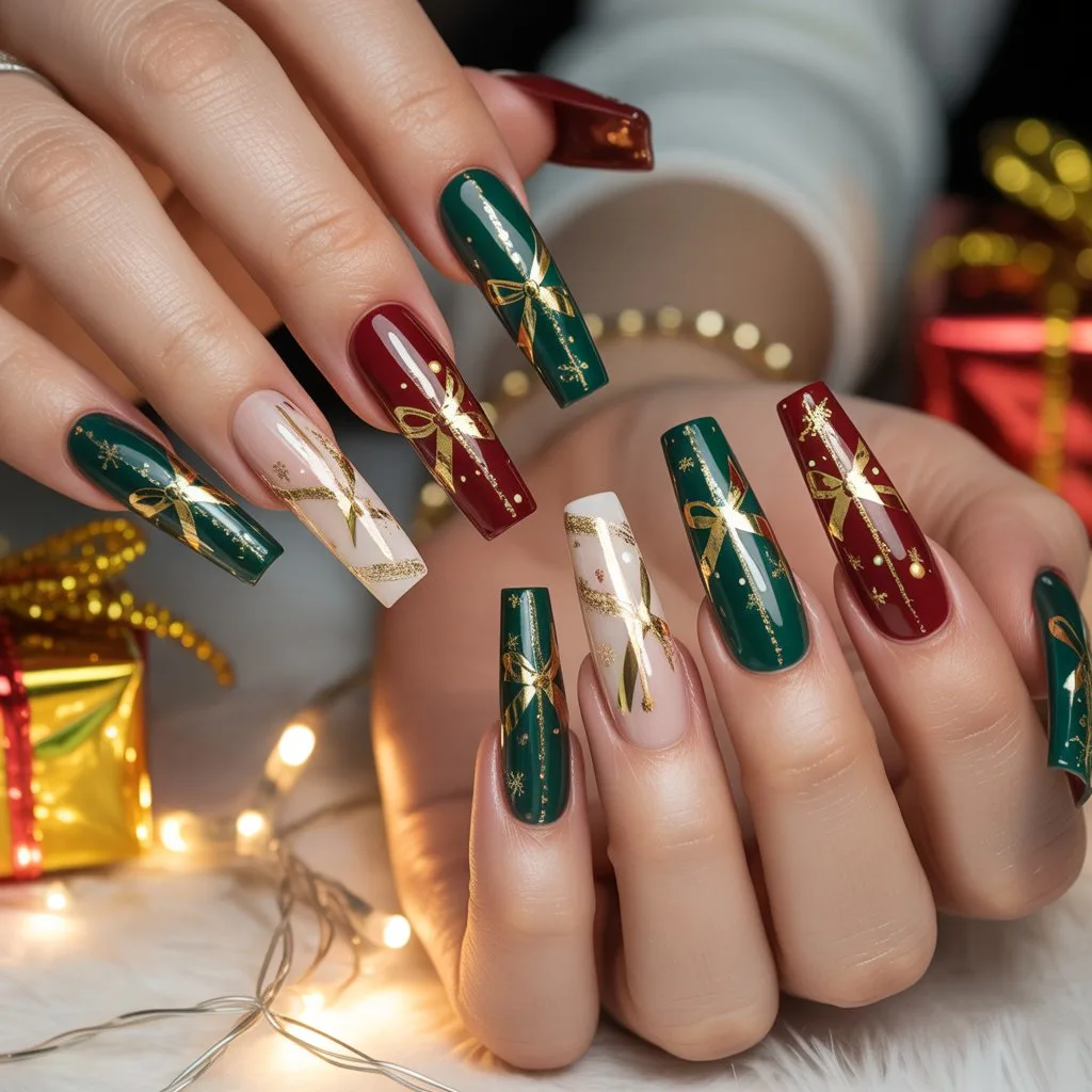 Gold Ribbon Gift Nails