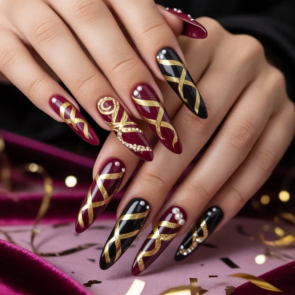 Gold Ribbon Glam Nails