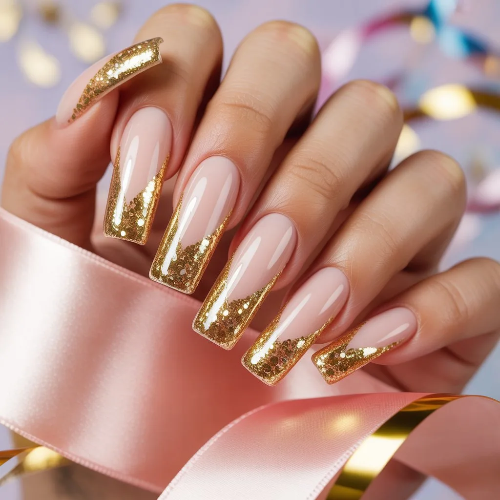 Gold Sparkle Birthday French Tips Nail