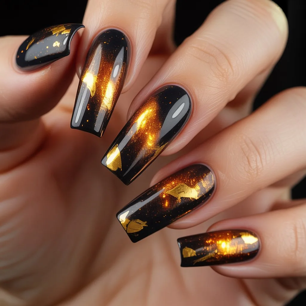 Golden Coal Spark Nails