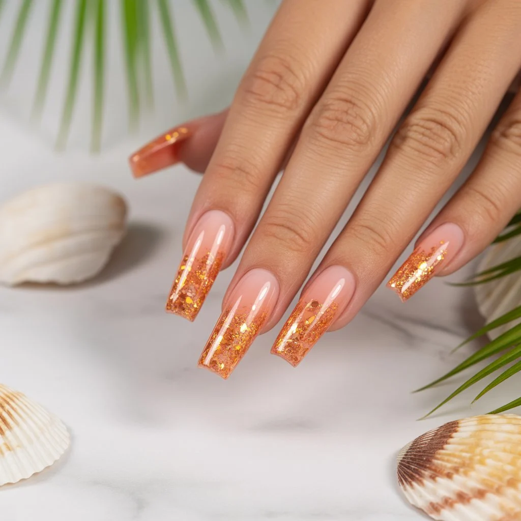 Golden Coral Glitter Gel Nails